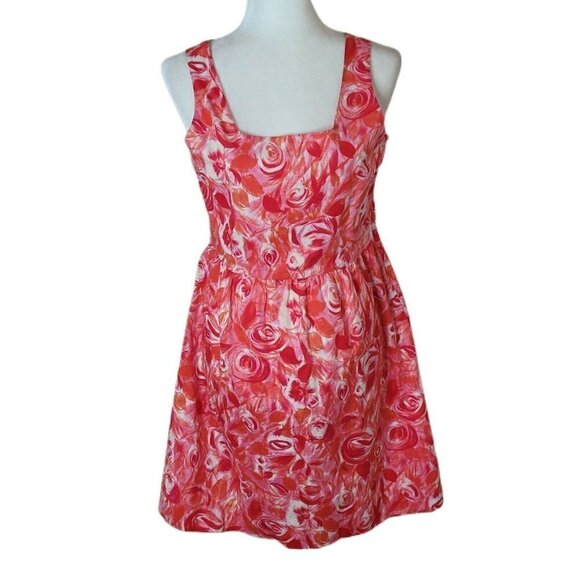 Garnet Hill Red & Pink Spring Floral Cotton Fit & Flare Dress Size 10 Petite - Picture 1 of 12